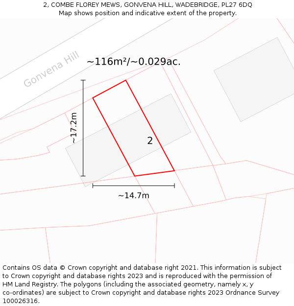 2, COMBE FLOREY MEWS, GONVENA HILL, WADEBRIDGE, PL27 6DQ: Plot and title map