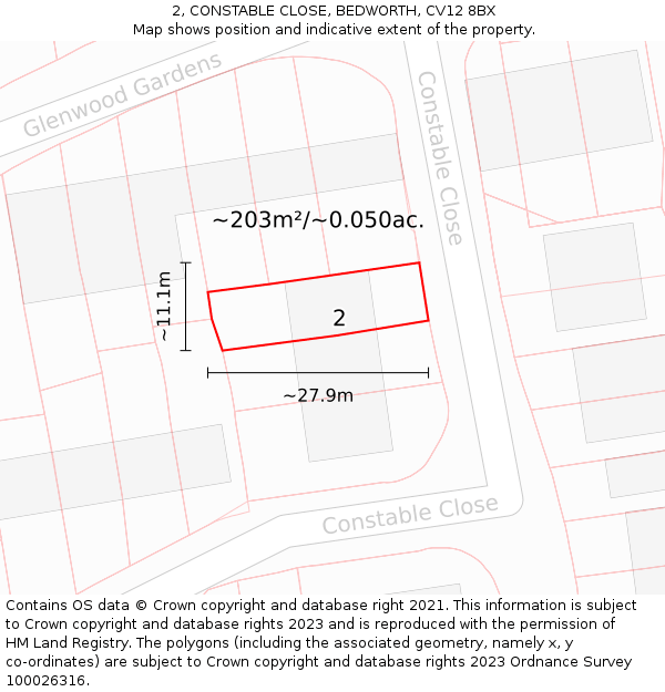 2, CONSTABLE CLOSE, BEDWORTH, CV12 8BX: Plot and title map
