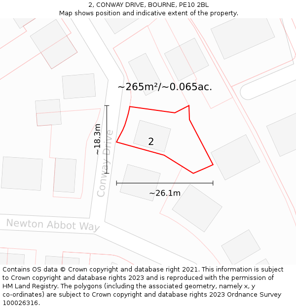 2, CONWAY DRIVE, BOURNE, PE10 2BL: Plot and title map