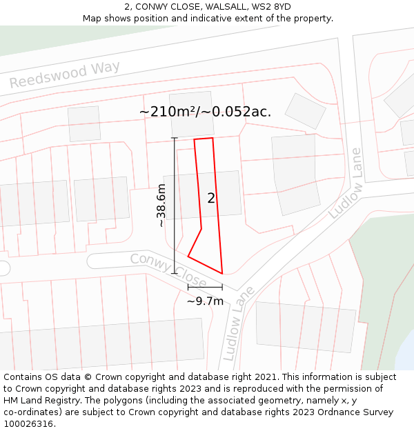 2, CONWY CLOSE, WALSALL, WS2 8YD: Plot and title map