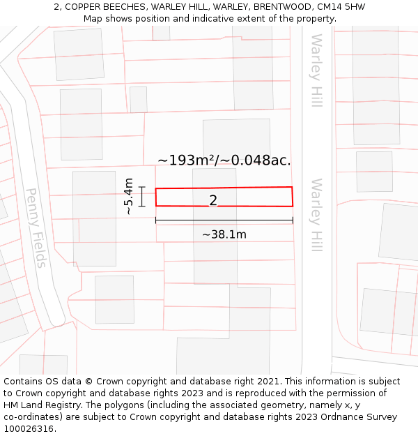 2, COPPER BEECHES, WARLEY HILL, WARLEY, BRENTWOOD, CM14 5HW: Plot and title map