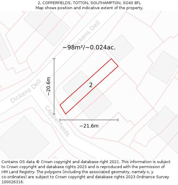2, COPPERFIELDS, TOTTON, SOUTHAMPTON, SO40 8FL: Plot and title map