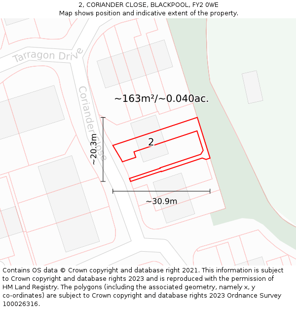 2, CORIANDER CLOSE, BLACKPOOL, FY2 0WE: Plot and title map