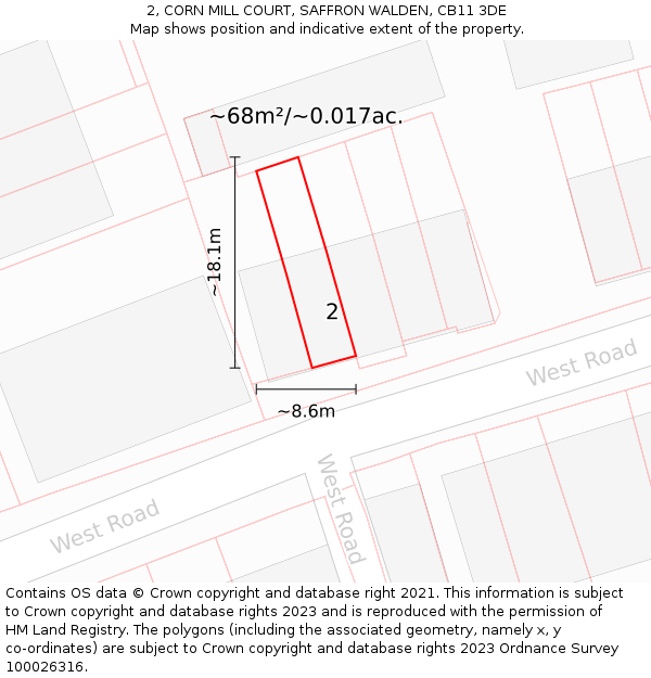 2, CORN MILL COURT, SAFFRON WALDEN, CB11 3DE: Plot and title map