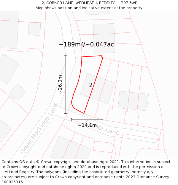 2, CORNER LANE, WEBHEATH, REDDITCH, B97 5WP: Plot and title map