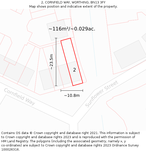 2, CORNFIELD WAY, WORTHING, BN13 3FY: Plot and title map