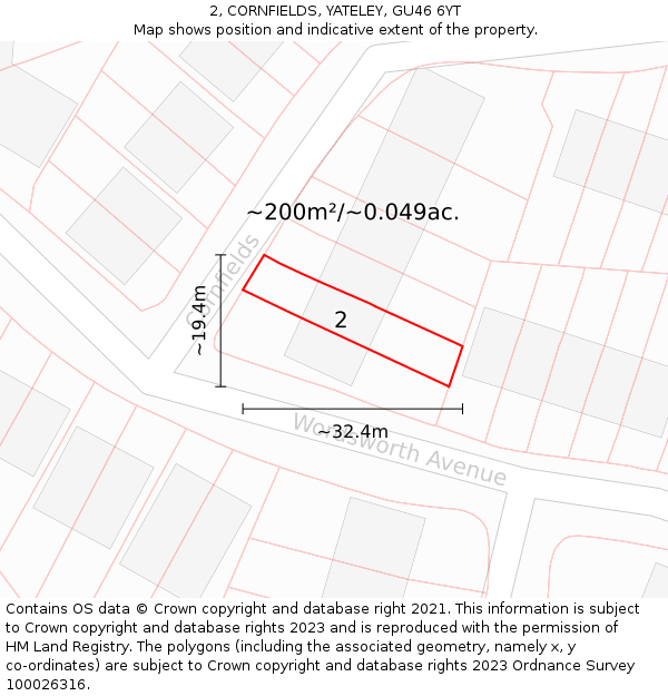 2, CORNFIELDS, YATELEY, GU46 6YT: Plot and title map