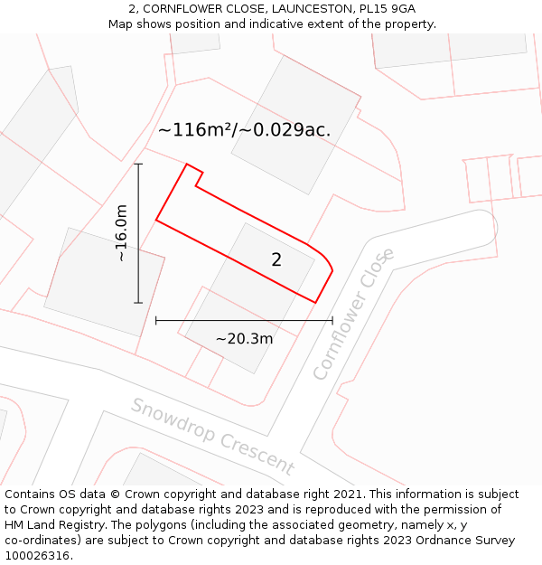 2, CORNFLOWER CLOSE, LAUNCESTON, PL15 9GA: Plot and title map
