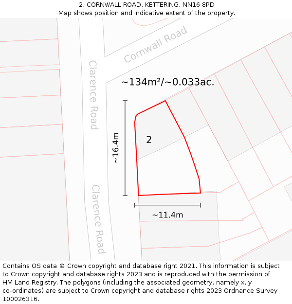 2, CORNWALL ROAD, KETTERING, NN16 8PD: Plot and title map