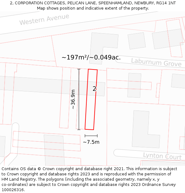 2, CORPORATION COTTAGES, PELICAN LANE, SPEENHAMLAND, NEWBURY, RG14 1NT: Plot and title map