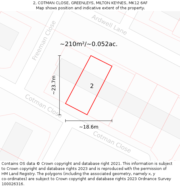 2, COTMAN CLOSE, GREENLEYS, MILTON KEYNES, MK12 6AF: Plot and title map