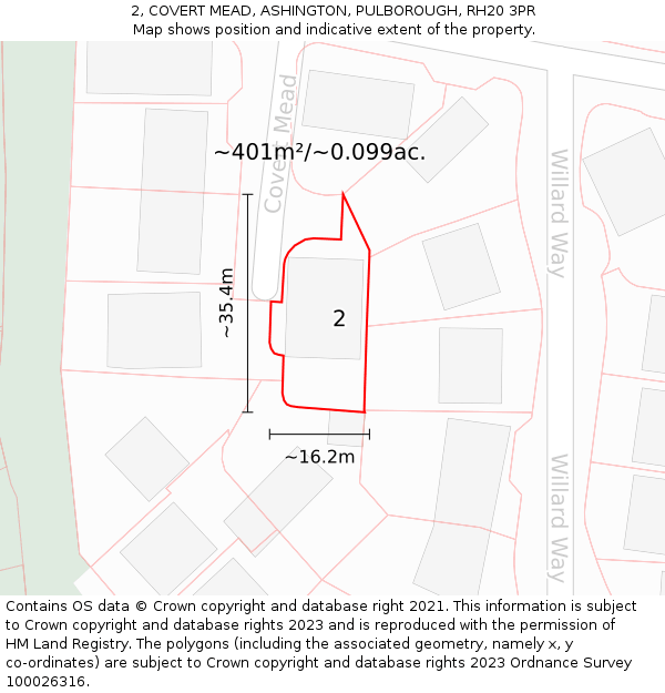 2, COVERT MEAD, ASHINGTON, PULBOROUGH, RH20 3PR: Plot and title map