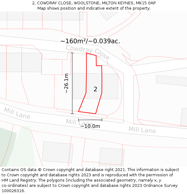 2, COWDRAY CLOSE, WOOLSTONE, MILTON KEYNES, MK15 0AP: Plot and title map