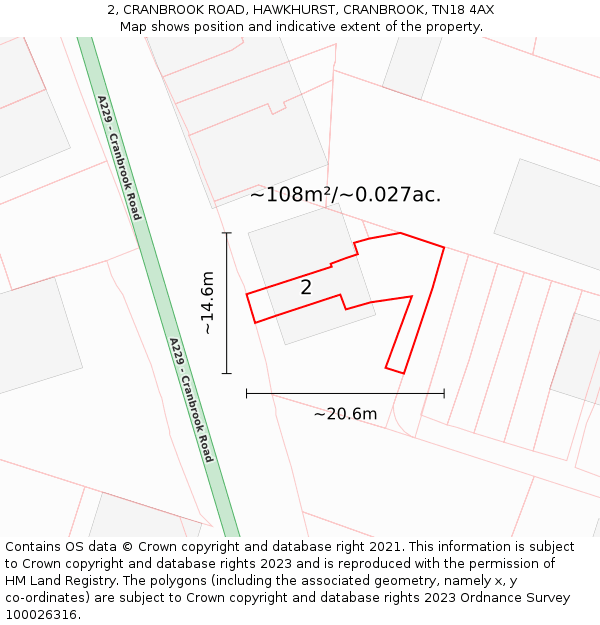 2, CRANBROOK ROAD, HAWKHURST, CRANBROOK, TN18 4AX: Plot and title map