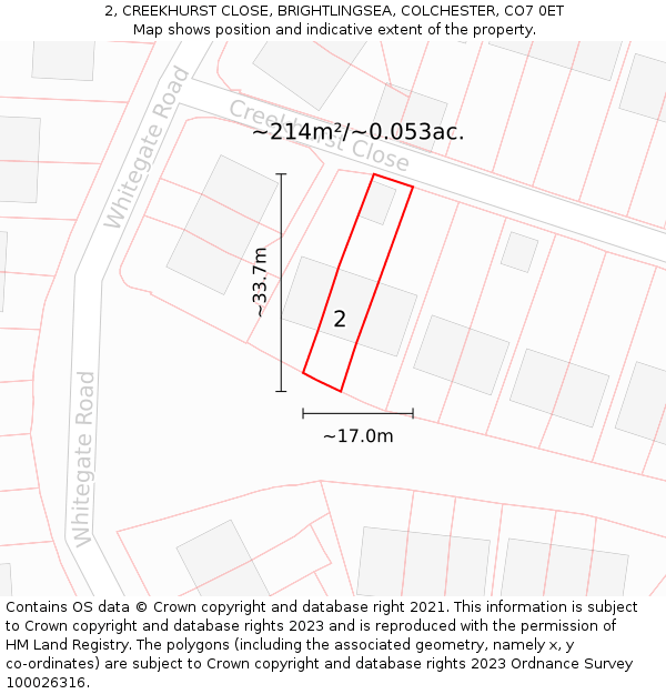 2, CREEKHURST CLOSE, BRIGHTLINGSEA, COLCHESTER, CO7 0ET: Plot and title map