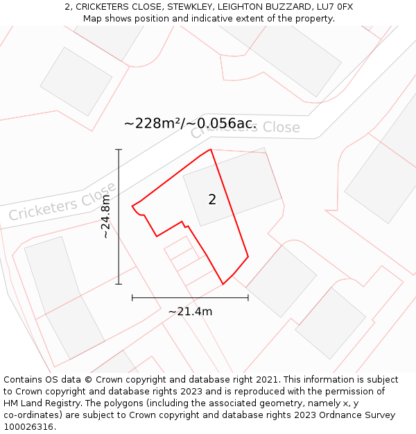 2, CRICKETERS CLOSE, STEWKLEY, LEIGHTON BUZZARD, LU7 0FX: Plot and title map