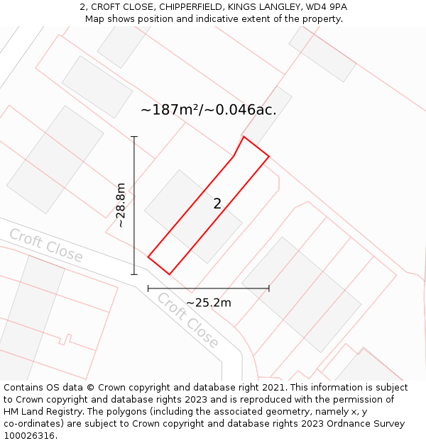 2, CROFT CLOSE, CHIPPERFIELD, KINGS LANGLEY, WD4 9PA: Plot and title map
