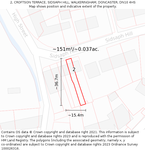 2, CROFTSON TERRACE, SIDSAPH HILL, WALKERINGHAM, DONCASTER, DN10 4HS: Plot and title map