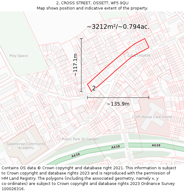 2, CROSS STREET, OSSETT, WF5 9QU: Plot and title map