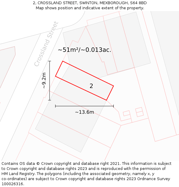 2, CROSSLAND STREET, SWINTON, MEXBOROUGH, S64 8BD: Plot and title map