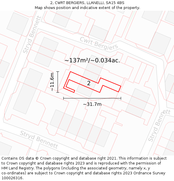 2, CWRT BERGIERS, LLANELLI, SA15 4BS: Plot and title map