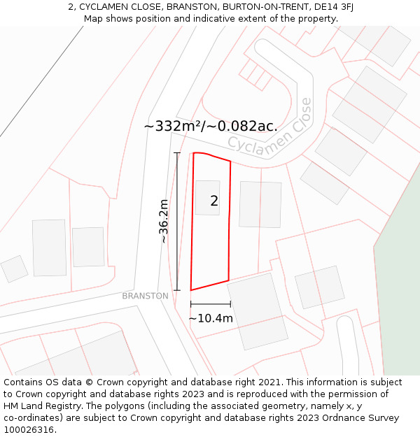 2, CYCLAMEN CLOSE, BRANSTON, BURTON-ON-TRENT, DE14 3FJ: Plot and title map