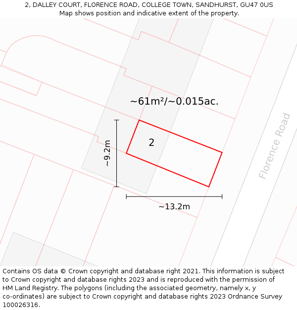 2, DALLEY COURT, FLORENCE ROAD, COLLEGE TOWN, SANDHURST, GU47 0US: Plot and title map