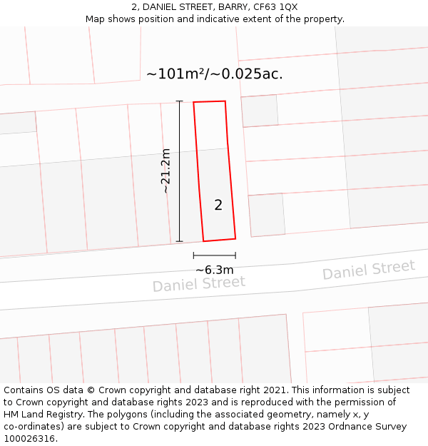 2, DANIEL STREET, BARRY, CF63 1QX: Plot and title map
