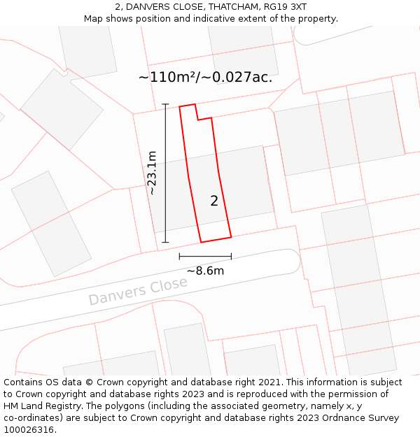 2, DANVERS CLOSE, THATCHAM, RG19 3XT: Plot and title map