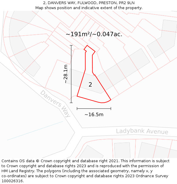 2, DANVERS WAY, FULWOOD, PRESTON, PR2 9LN: Plot and title map