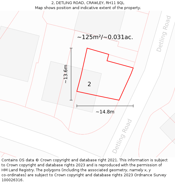 2, DETLING ROAD, CRAWLEY, RH11 9QL: Plot and title map