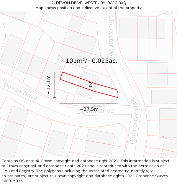 2, DEVON DRIVE, WESTBURY, BA13 3XQ: Plot and title map