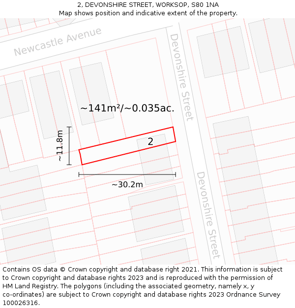 2, DEVONSHIRE STREET, WORKSOP, S80 1NA: Plot and title map