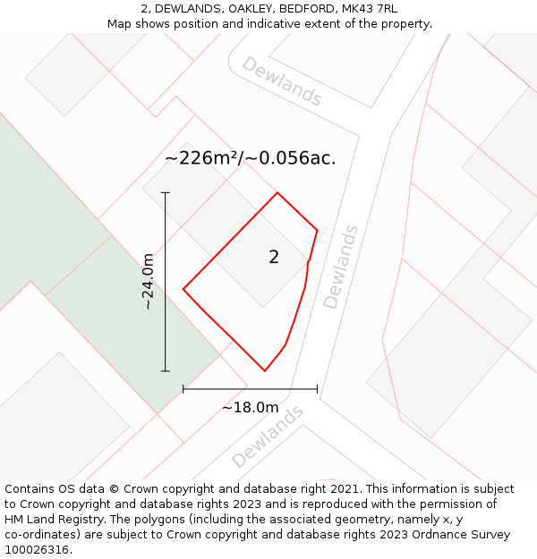 2, DEWLANDS, OAKLEY, BEDFORD, MK43 7RL: Plot and title map
