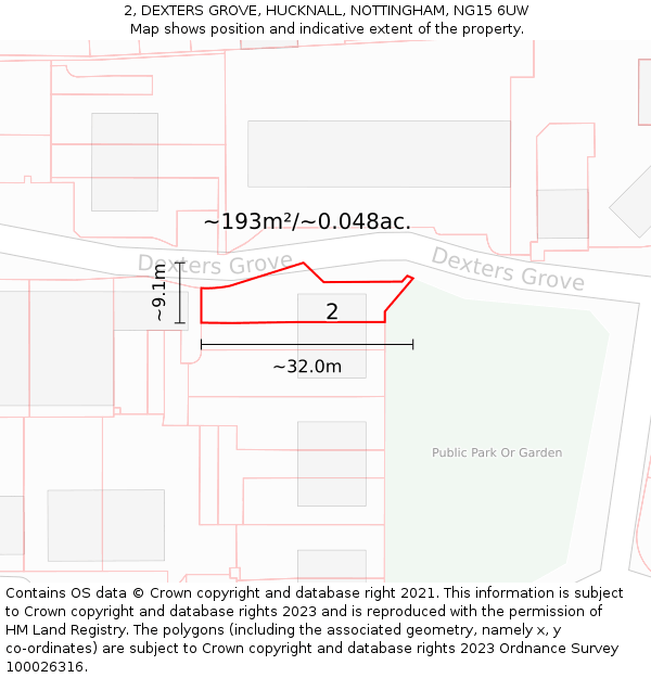 2, DEXTERS GROVE, HUCKNALL, NOTTINGHAM, NG15 6UW: Plot and title map