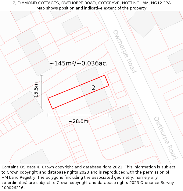 2, DIAMOND COTTAGES, OWTHORPE ROAD, COTGRAVE, NOTTINGHAM, NG12 3PA: Plot and title map