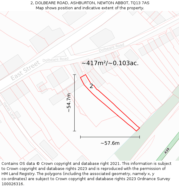 2, DOLBEARE ROAD, ASHBURTON, NEWTON ABBOT, TQ13 7AS: Plot and title map
