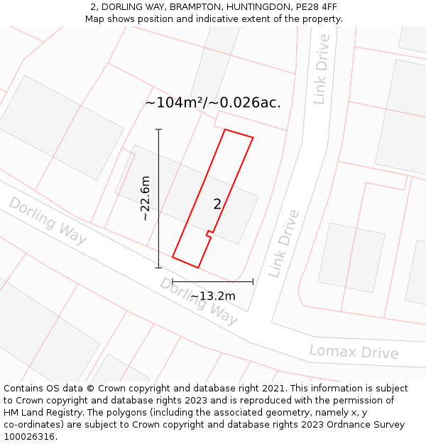 2, DORLING WAY, BRAMPTON, HUNTINGDON, PE28 4FF: Plot and title map