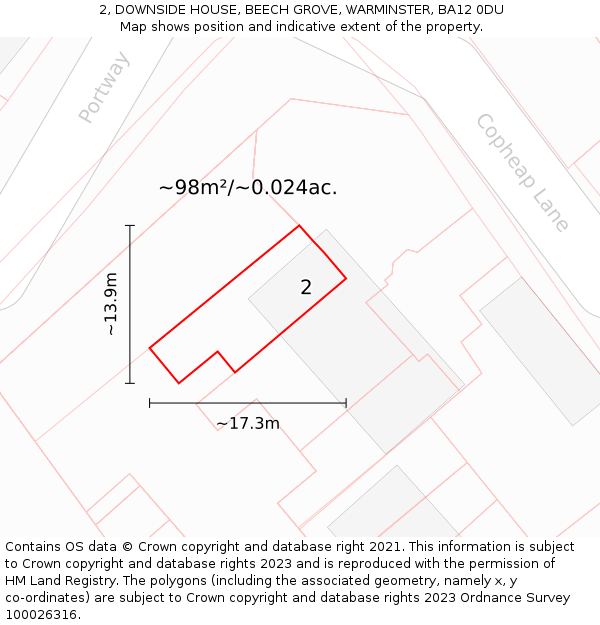 2, DOWNSIDE HOUSE, BEECH GROVE, WARMINSTER, BA12 0DU: Plot and title map