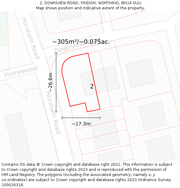 2, DOWNVIEW ROAD, FINDON, WORTHING, BN14 0UU: Plot and title map