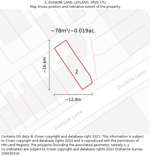 2, DUNKIRK LANE, LEYLAND, PR25 1TU: Plot and title map