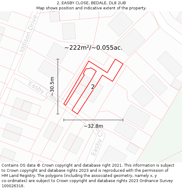 2, EASBY CLOSE, BEDALE, DL8 2UB: Plot and title map