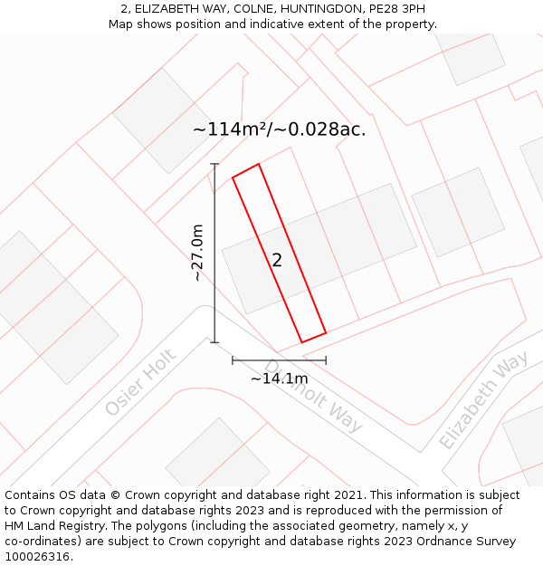 2, ELIZABETH WAY, COLNE, HUNTINGDON, PE28 3PH: Plot and title map
