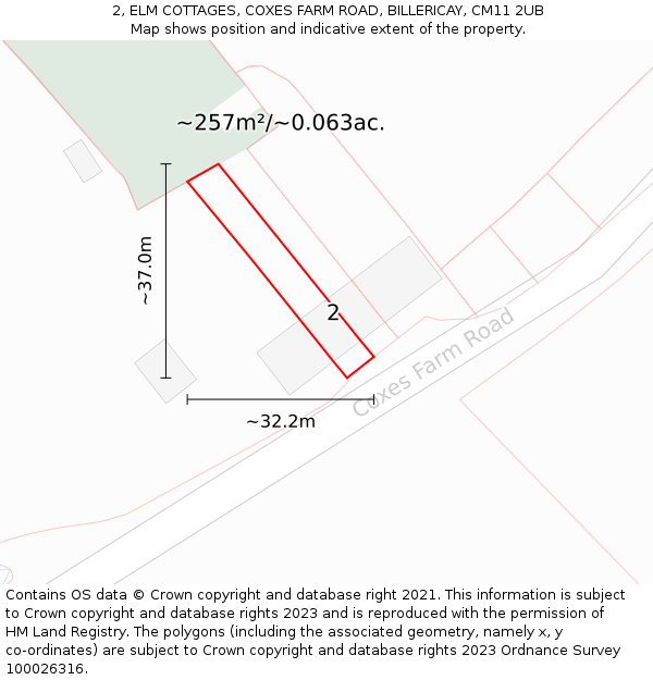 2, ELM COTTAGES, COXES FARM ROAD, BILLERICAY, CM11 2UB: Plot and title map