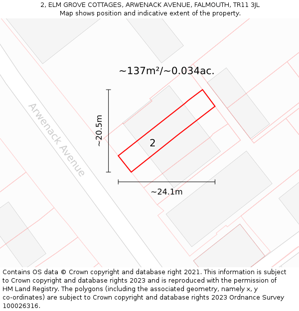 2, ELM GROVE COTTAGES, ARWENACK AVENUE, FALMOUTH, TR11 3JL: Plot and title map