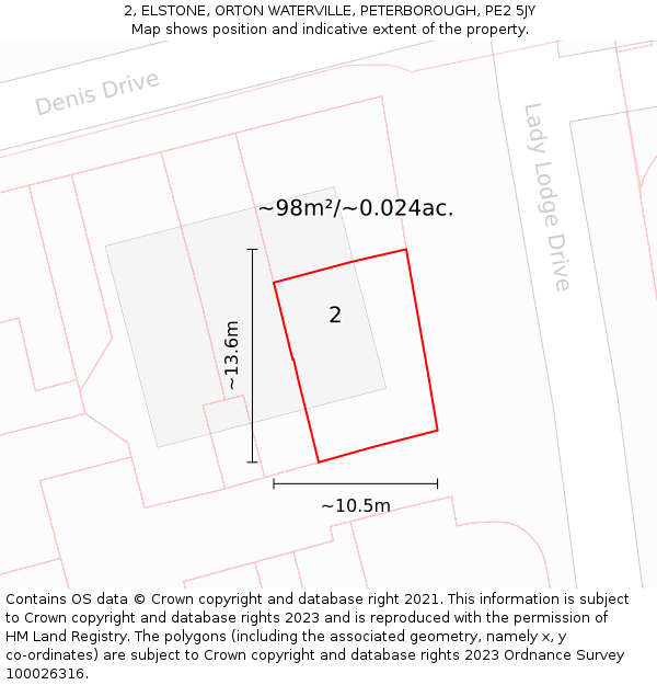 2, ELSTONE, ORTON WATERVILLE, PETERBOROUGH, PE2 5JY: Plot and title map
