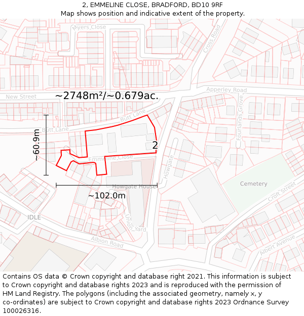 2, EMMELINE CLOSE, BRADFORD, BD10 9RF: Plot and title map