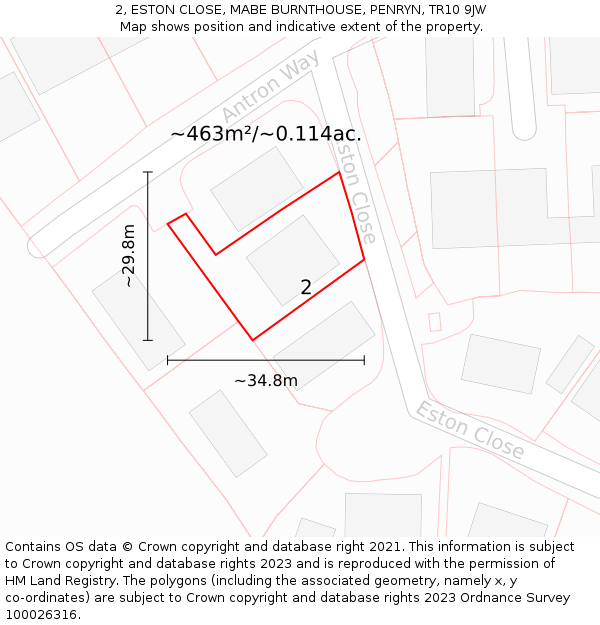 2, ESTON CLOSE, MABE BURNTHOUSE, PENRYN, TR10 9JW: Plot and title map