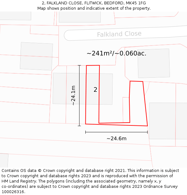 2, FALKLAND CLOSE, FLITWICK, BEDFORD, MK45 1FG: Plot and title map