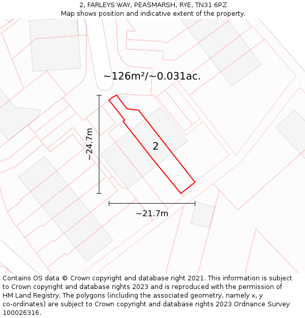 2, FARLEYS WAY, PEASMARSH, RYE, TN31 6PZ: Plot and title map